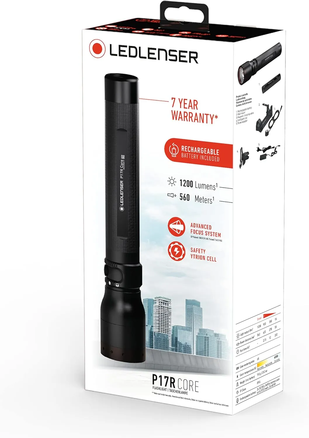 Ledlenser P17R Core, Big LED Torch, 1200 lumens, Rechargeable Lithium LiFePO Battery, focusable, Long Distance Beam 560m, Constant Light, up to 200h runtime, magn. Charging Cable, Charging Station