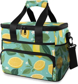 Lemon Flower Green Leaves Blue Cooler Bag Insulated Cooler Soft Sided Cooler 24 Can Portable Picnic Bag Large Leakproof Lunch Bag Box for Beach Grocery Camping Travel Car Men Women