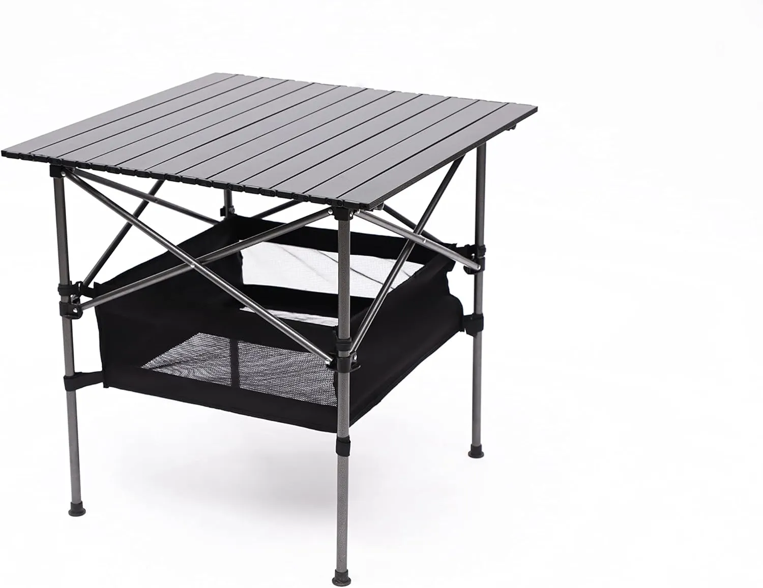Lightweight Aluminum Folding Outdoor Table with Storage Basket & Carry Bag – 27.56" Portable Roll-Up Square Table for Camping, Beach, BBQ, Patio, 120lbs Capacity, Easy-Clean Surface (Black)