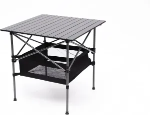 Lightweight Aluminum Folding Outdoor Table with Storage Basket & Carry Bag – 27.56" Portable Roll-Up Square Table for Camping, Beach, BBQ, Patio, 120lbs Capacity, Easy-Clean Surface (Black)