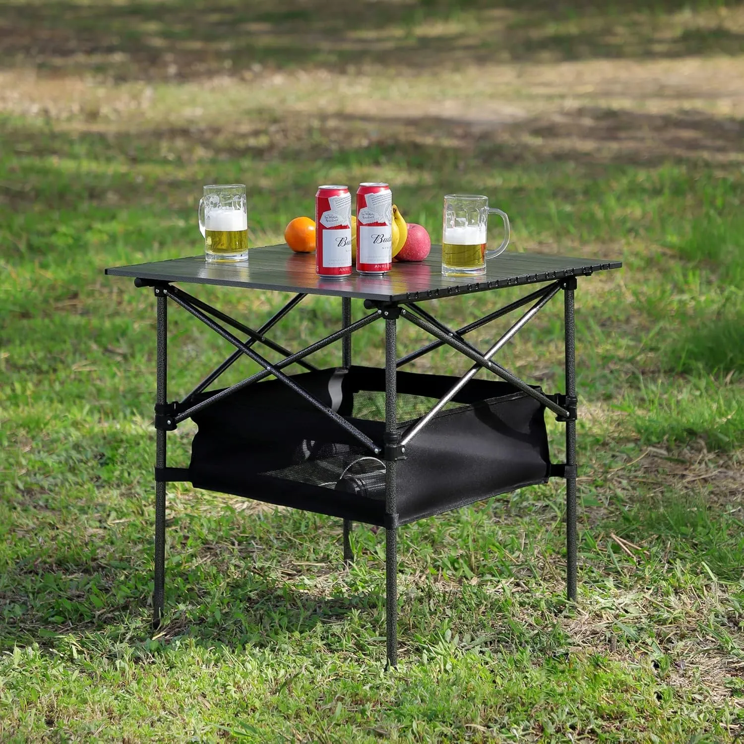 Lightweight Aluminum Folding Outdoor Table with Storage Basket & Carry Bag – 27.56" Portable Roll-Up Square Table for Camping, Beach, BBQ, Patio, 120lbs Capacity, Easy-Clean Surface (Black)