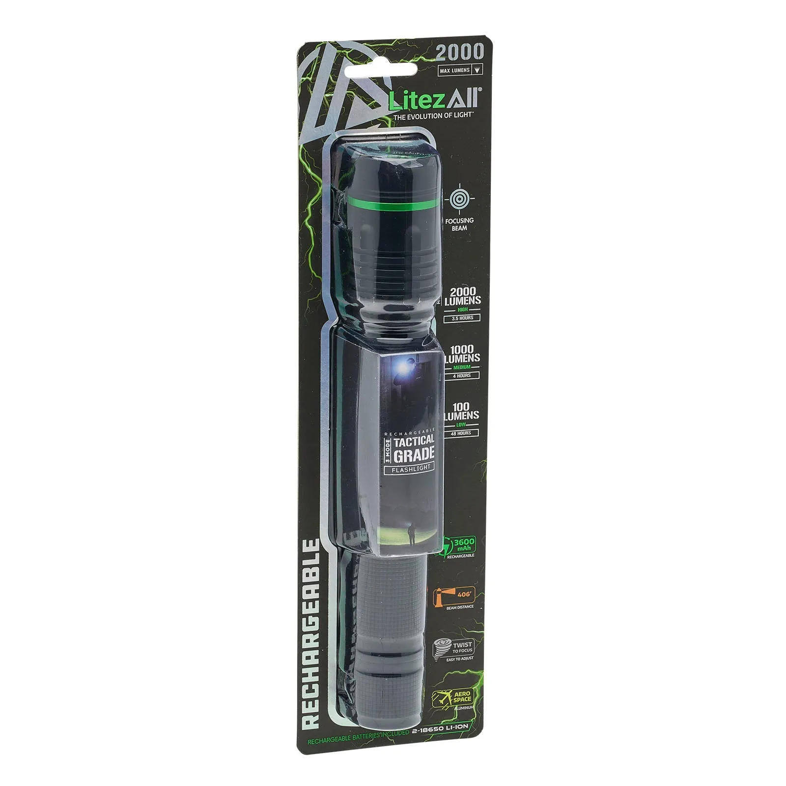 LitezAll Rechargeable Thin 2000 Lumen Tactical Flashlight