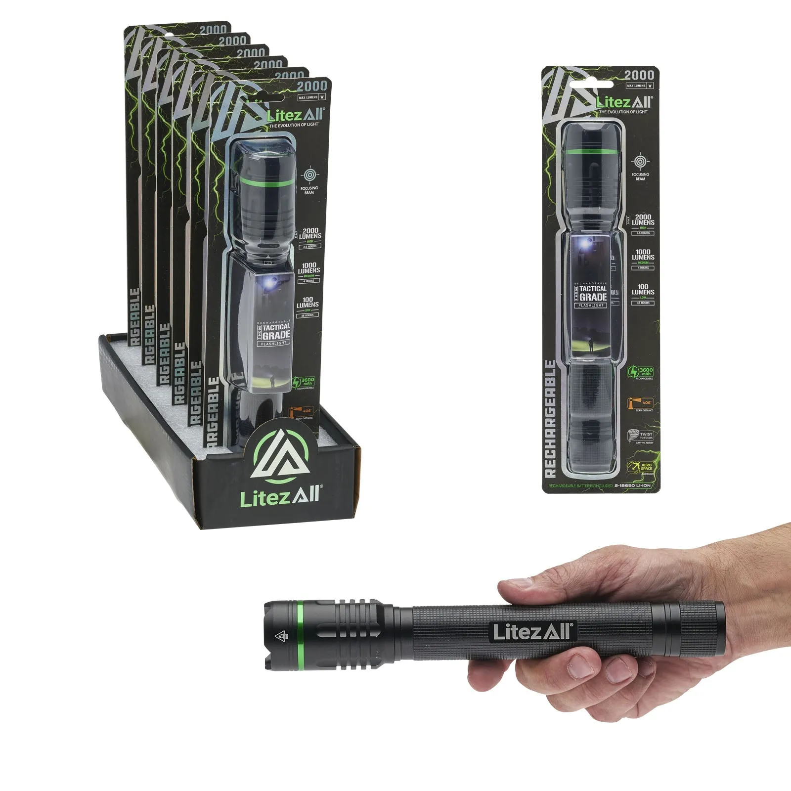 LitezAll Rechargeable Thin 2000 Lumen Tactical Flashlight