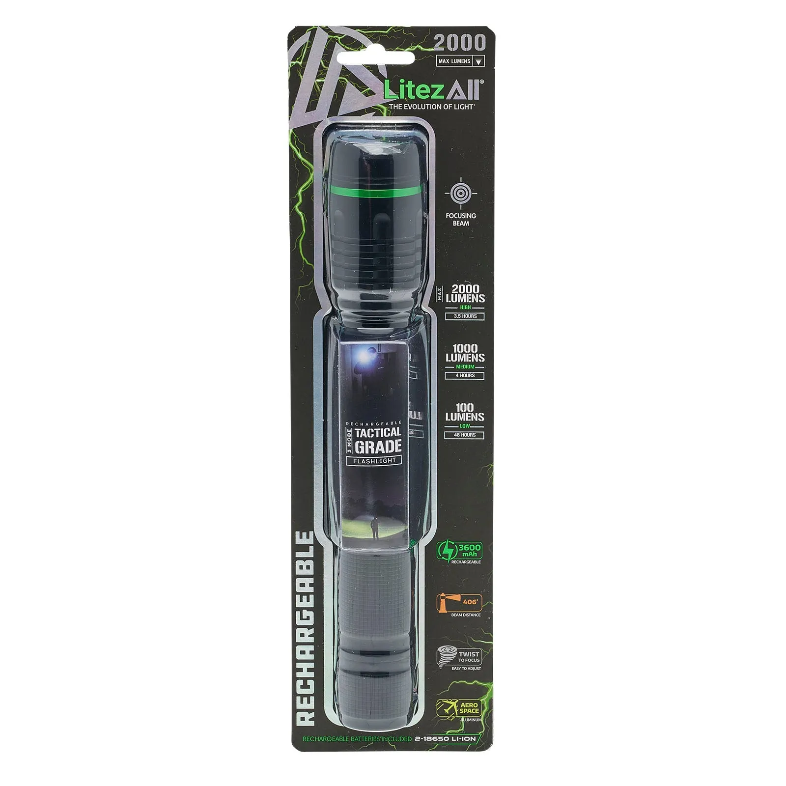 LitezAll Rechargeable Thin 2000 Lumen Tactical Flashlight