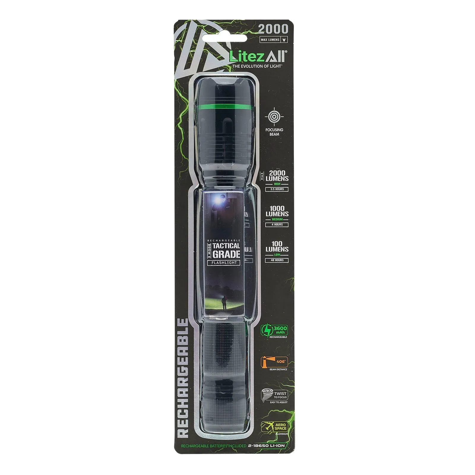 LitezAll Rechargeable Thin 2000 Lumen Tactical Flashlight