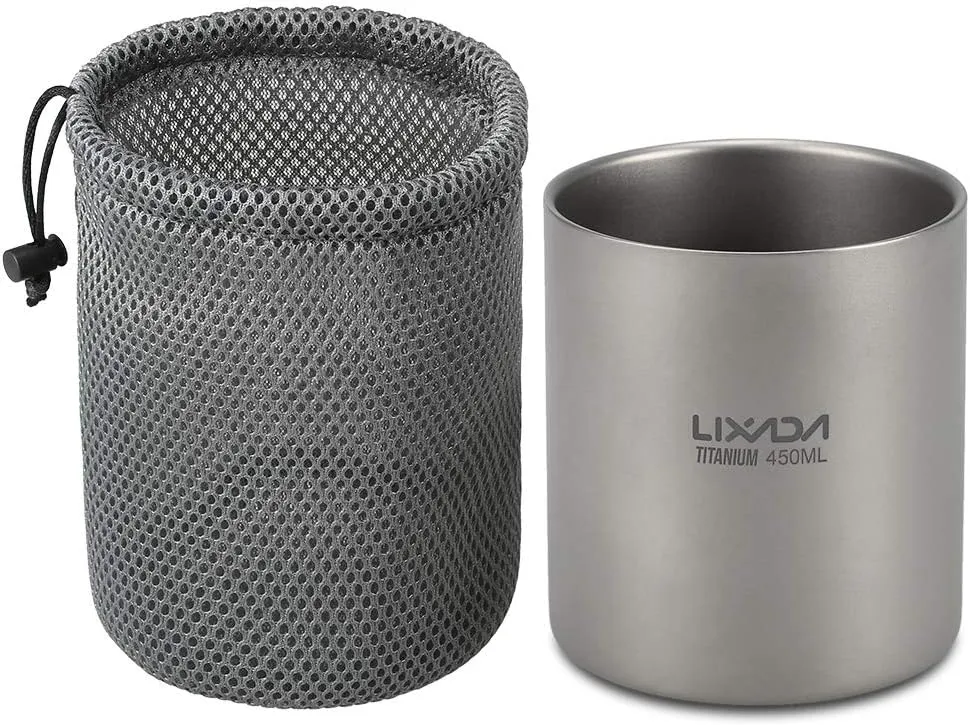 Lixada Titanium Water Cup 450ml/15.2oz Double Wall Insulated Outdoor Camping Hiking Picnic Home Office Tea Cup Coffee Mug with Carry Bag, Insulating The Heat from Hand