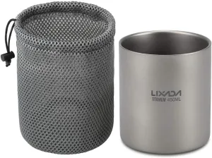 Lixada Titanium Water Cup 450ml/15.2oz Double Wall Insulated Outdoor Camping Hiking Picnic Home Office Tea Cup Coffee Mug with Carry Bag, Insulating The Heat from Hand