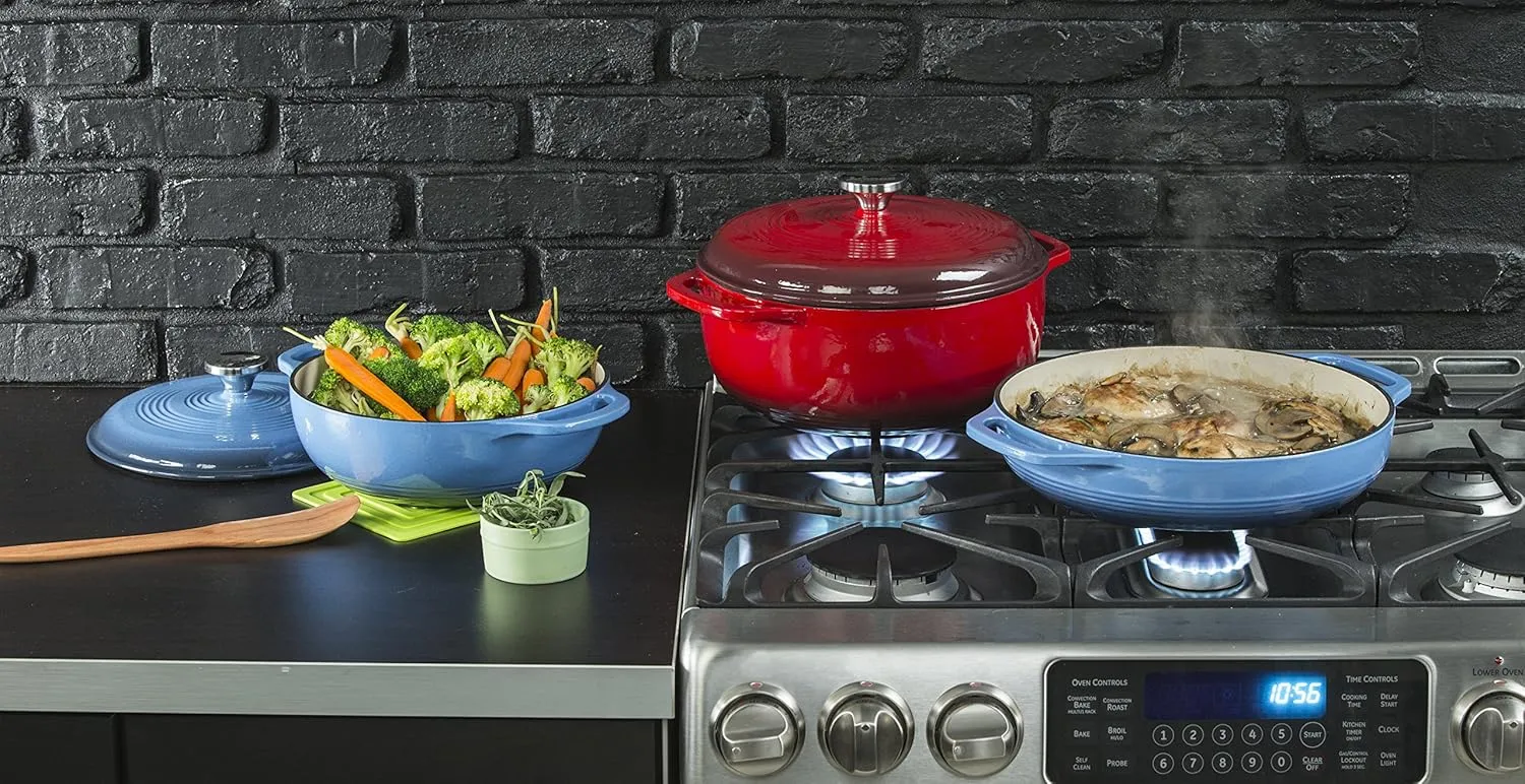 Lodge 3.6 Quart Enameled Cast Iron Oval Casserole With Lid– Dual Handles – Oven Safe up to 500° F or on Stovetop - Use to Marinate, Cook, Bake, Refrigerate and Serve – Island Spice Red