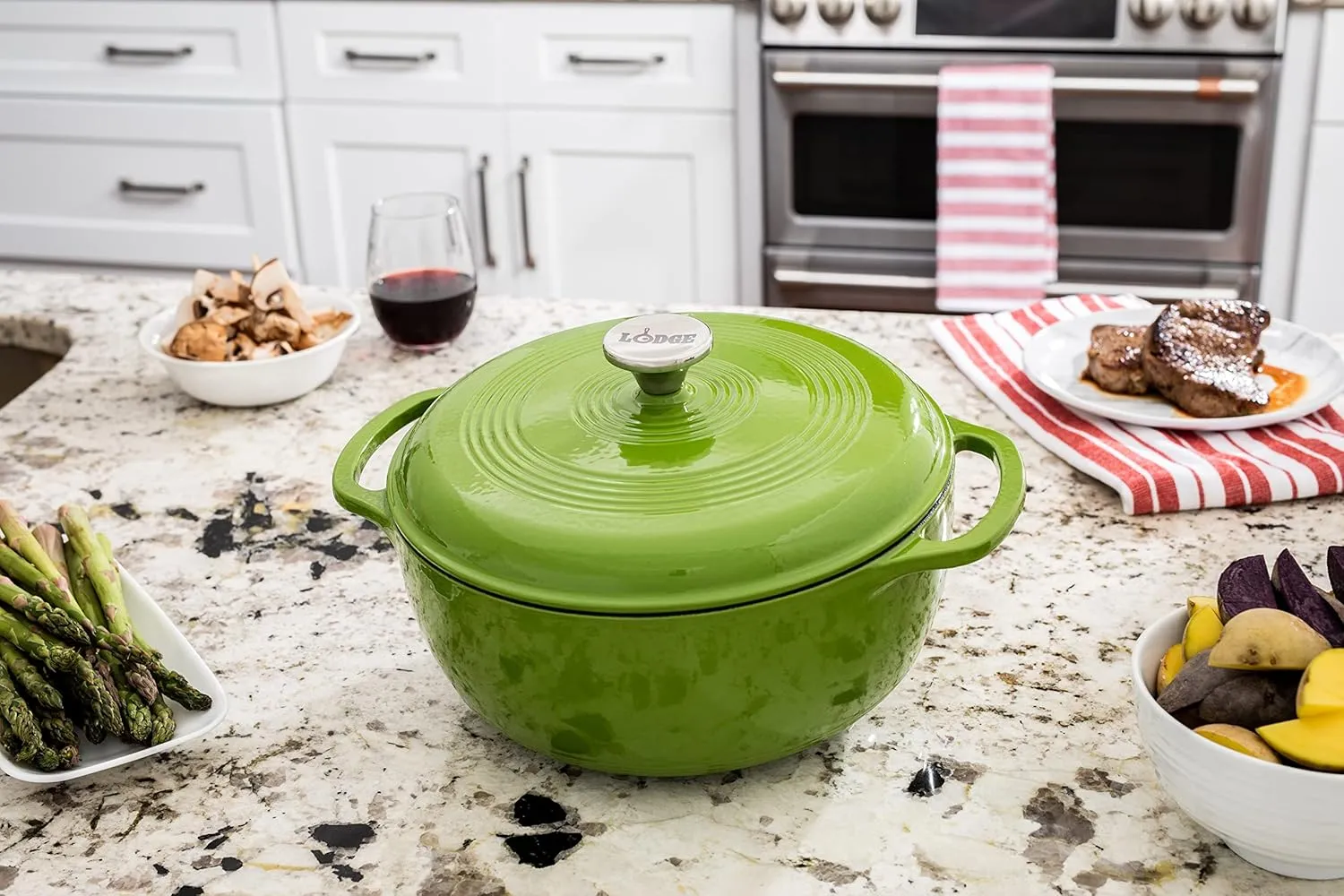 Lodge 6 Quart Enameled Cast Iron Dutch Oven with Lid – Dual Handles – Oven Safe up to 500° F or on Stovetop - Use to Marinate, Cook, Bake, Refrigerate and Serve – Avocado