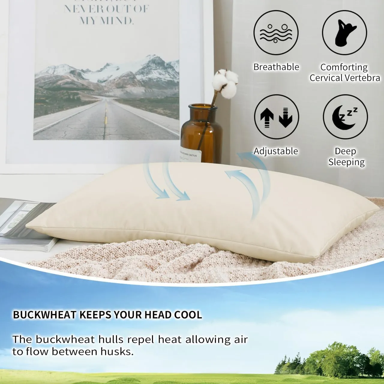 LOFE Organic Buckwheat Pillow for Sleeping - 14''x20'', Adjustable Loft, Breathable for Cool Sleep, Cervical Support for Back and Side Sleepers(Tartary Buckwheat Hulls)
