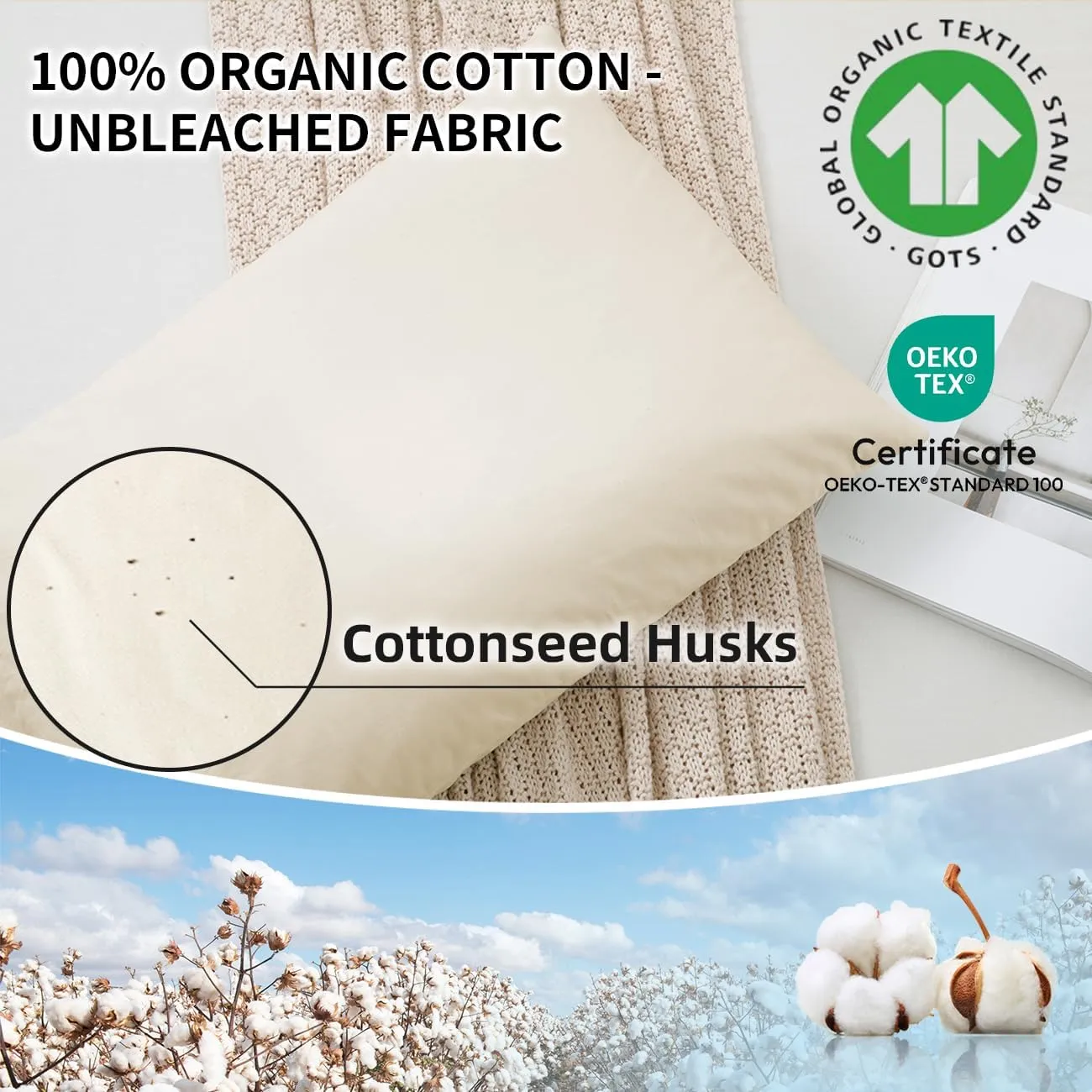 LOFE Organic Buckwheat Pillow for Sleeping - 14''x20'', Adjustable Loft, Breathable for Cool Sleep, Cervical Support for Back and Side Sleepers(Tartary Buckwheat Hulls)