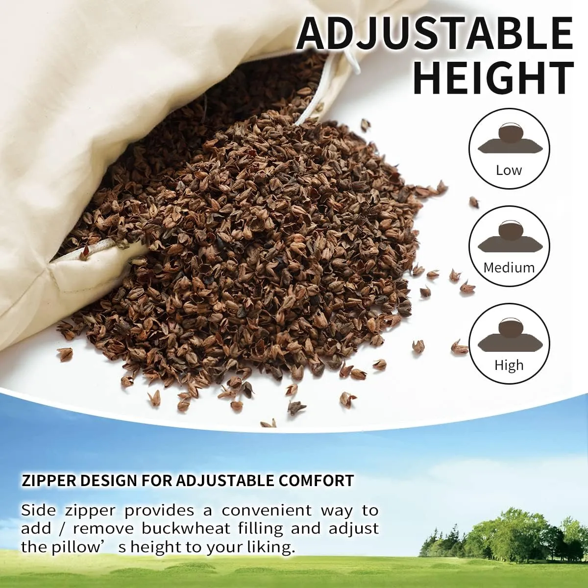 LOFE Organic Buckwheat Pillow for Sleeping - 14''x20'', Adjustable Loft, Breathable for Cool Sleep, Cervical Support for Back and Side Sleepers(Tartary Buckwheat Hulls)