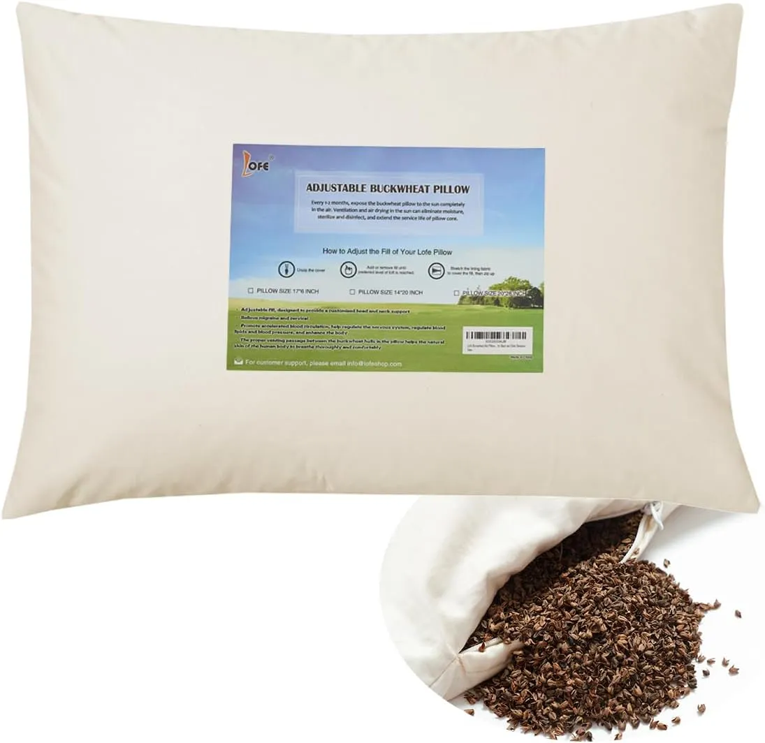 LOFE Organic Buckwheat Pillow for Sleeping - 14''x20'', Adjustable Loft, Breathable for Cool Sleep, Cervical Support for Back and Side Sleepers(Tartary Buckwheat Hulls)