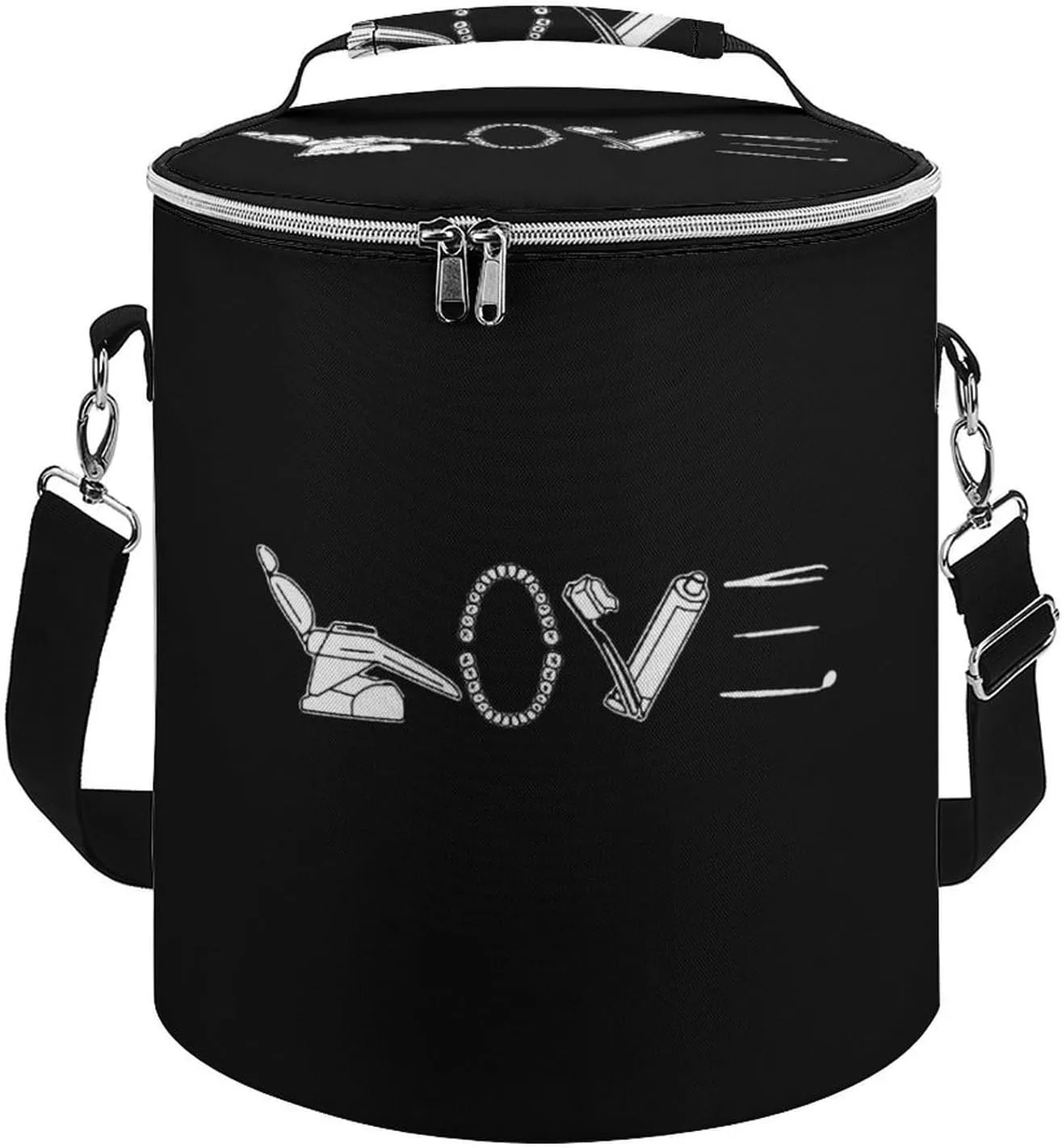 Love Dental Cylindrical Cooler Bag Insulated Tote Reusable Lunch Bags with Handle and Adjustable Shoulder Straps