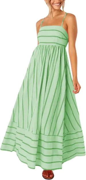 loveimgs Women's Summer Casual Striped Smocked Maxi Dress Spaghetti Strap Cut Out Flowy Swing Long Dresses