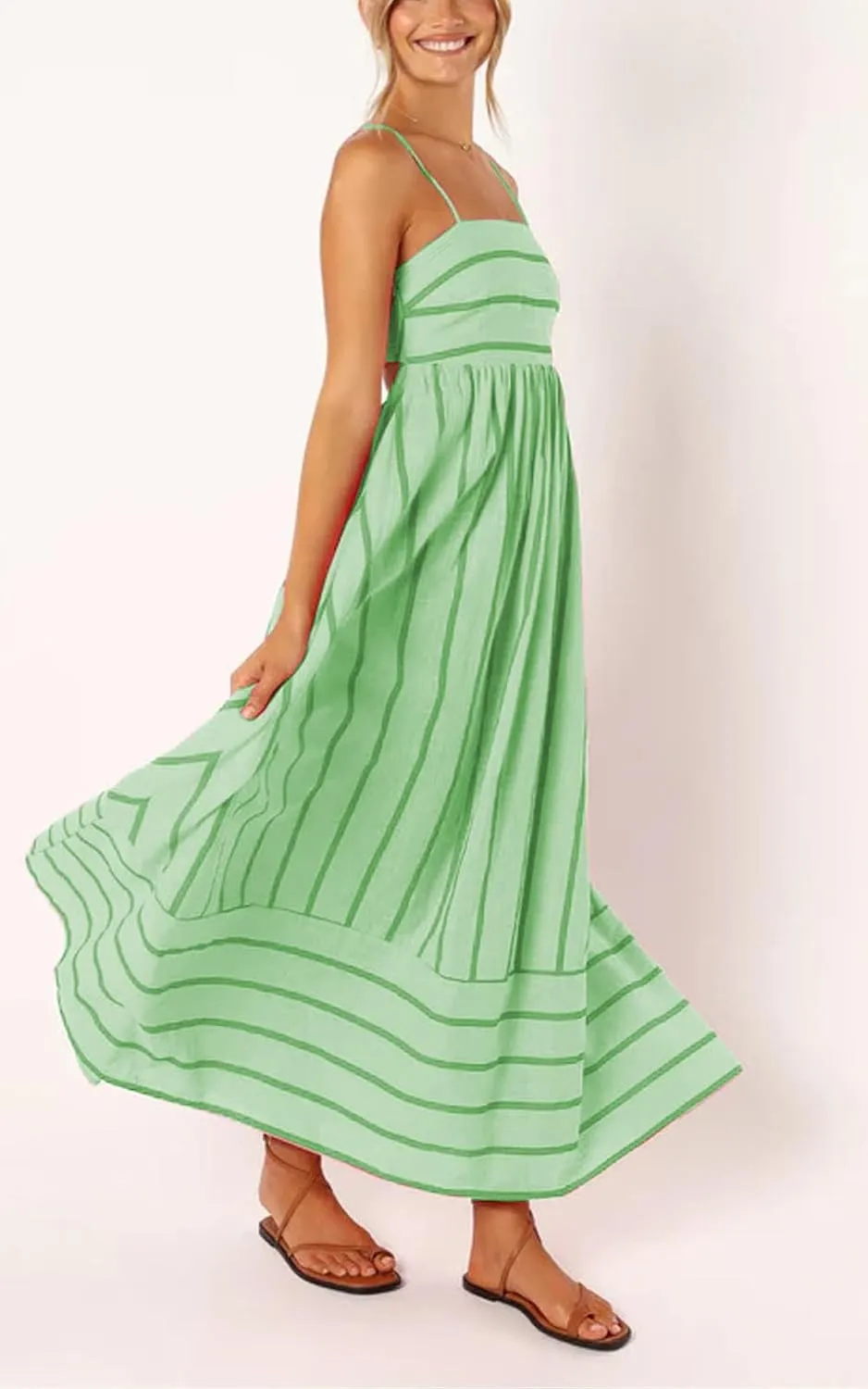 loveimgs Women's Summer Casual Striped Smocked Maxi Dress Spaghetti Strap Cut Out Flowy Swing Long Dresses