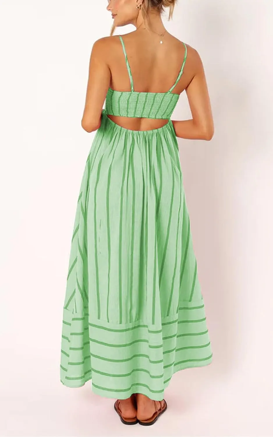 loveimgs Women's Summer Casual Striped Smocked Maxi Dress Spaghetti Strap Cut Out Flowy Swing Long Dresses