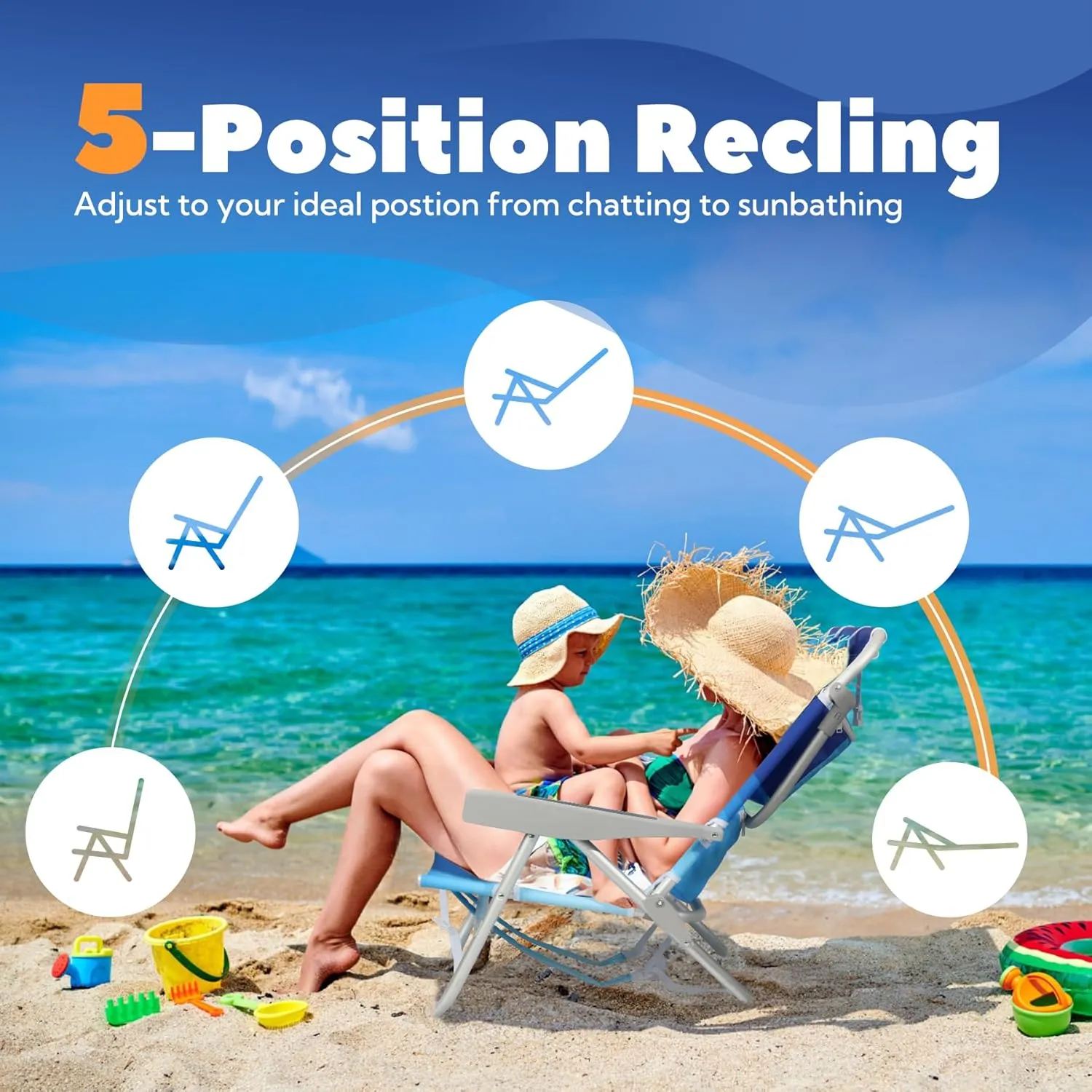Low Beach Chairs for Adults - Reclining Beach Chair with Cup Holder & Large Insulated Cooler Bag, Backpack Portable Sand Chair Support 300LBS, Wave Blue
