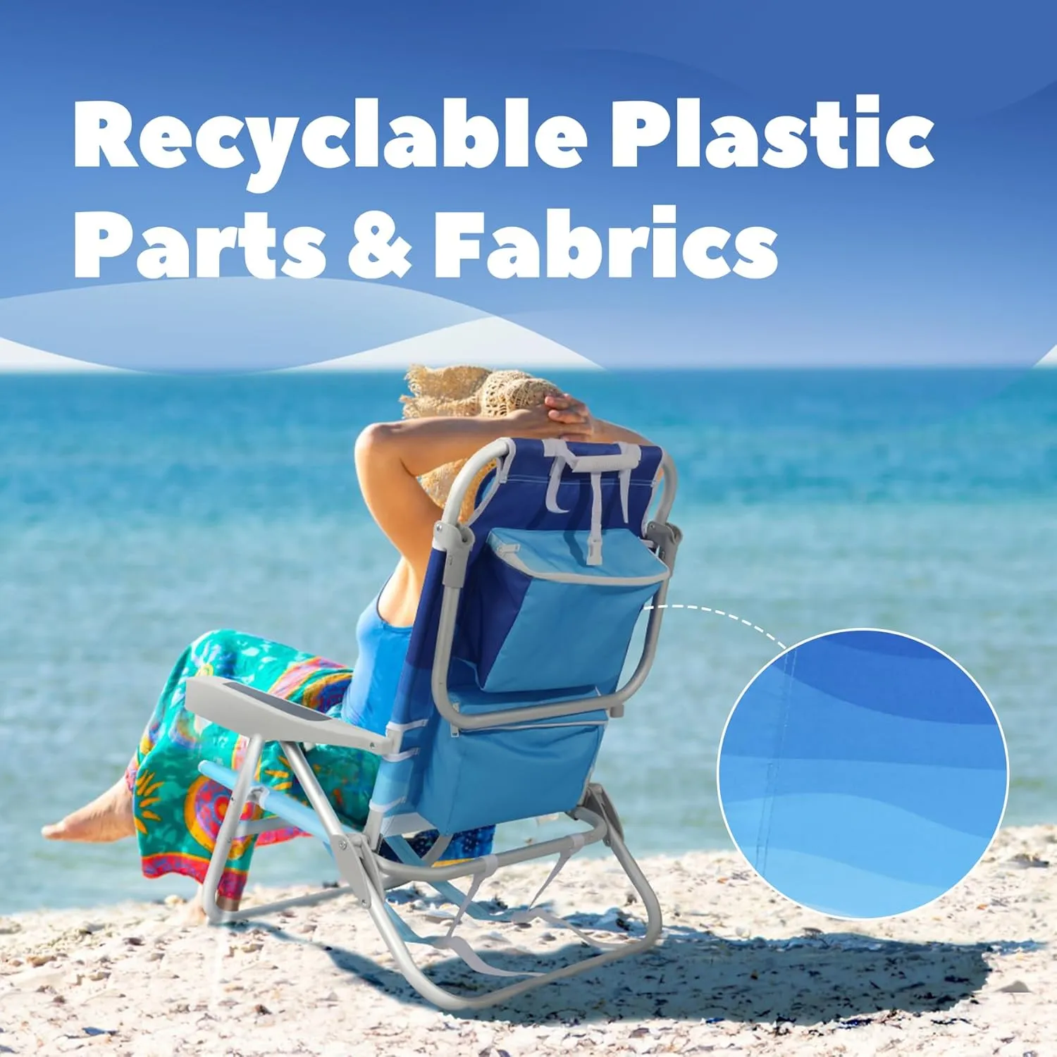 Low Beach Chairs for Adults - Reclining Beach Chair with Cup Holder & Large Insulated Cooler Bag, Backpack Portable Sand Chair Support 300LBS, Wave Blue