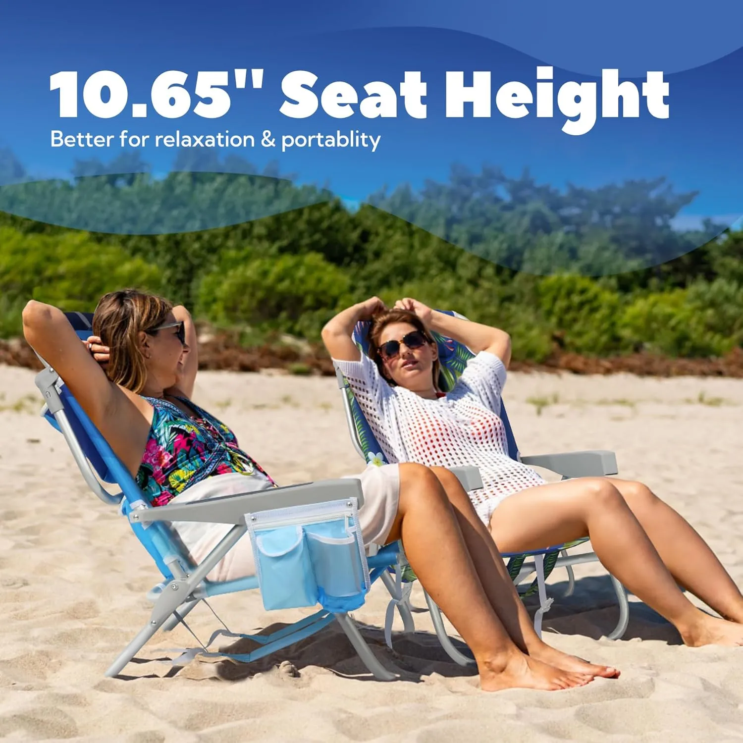 Low Beach Chairs for Adults - Reclining Beach Chair with Cup Holder & Large Insulated Cooler Bag, Backpack Portable Sand Chair Support 300LBS, Wave Blue