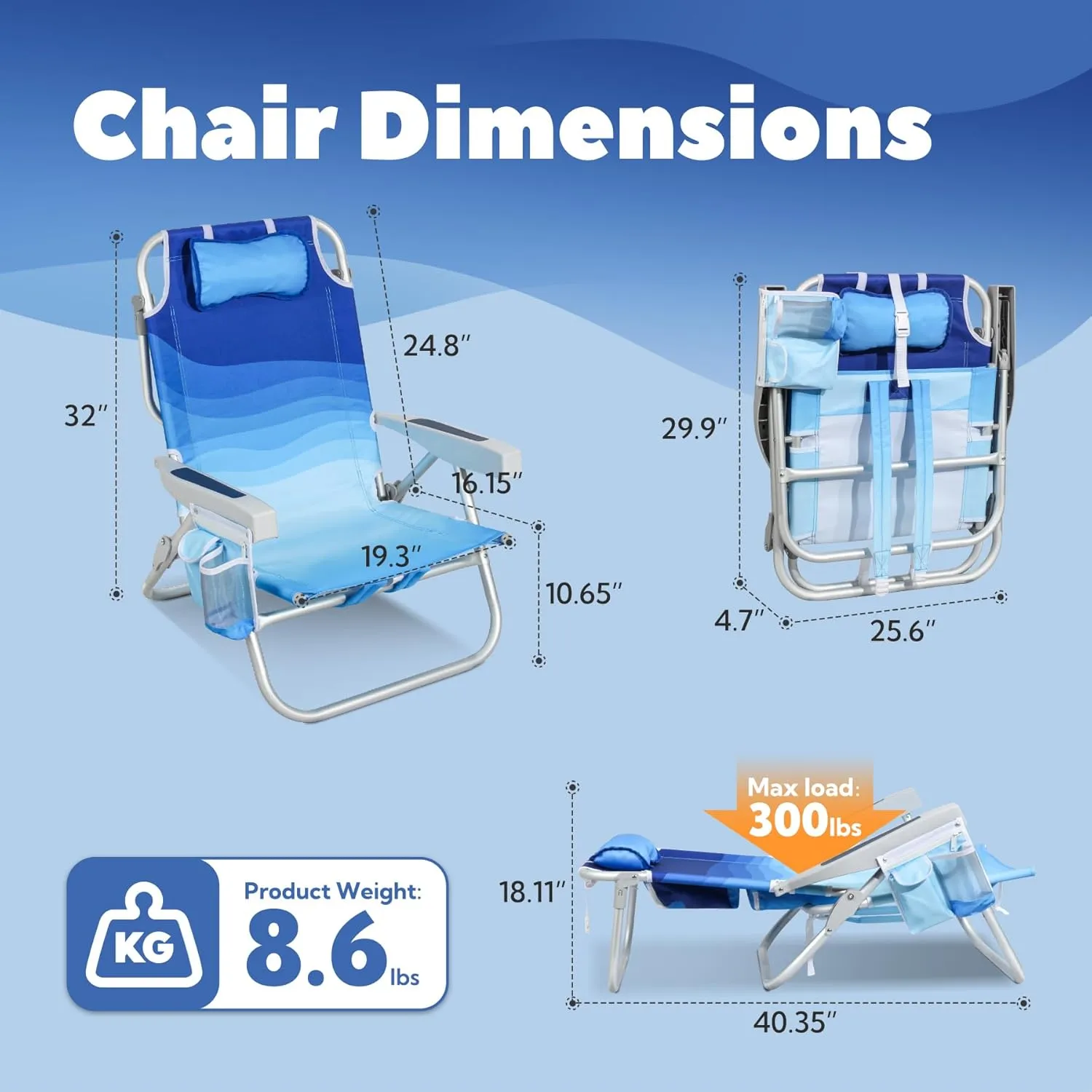 Low Beach Chairs for Adults - Reclining Beach Chair with Cup Holder & Large Insulated Cooler Bag, Backpack Portable Sand Chair Support 300LBS, Wave Blue