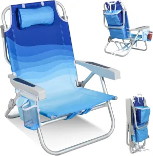Low Beach Chairs for Adults - Reclining Beach Chair with Cup Holder & Large Insulated Cooler Bag, Backpack Portable Sand Chair Support 300LBS, Wave Blue