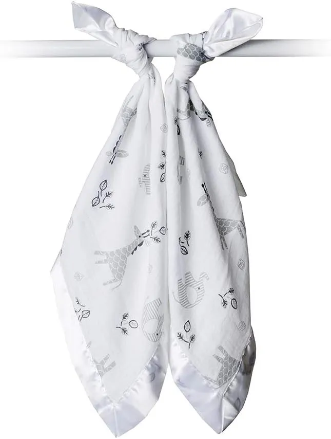 lulujo Baby Security Lovey Blankets| Unisex Softest Breathable Cotton Muslin Security Blanket with Silky Satin Trim| Neutral Comforting Blanket for Girls & Boys | 16in by 16 in| Afrique
