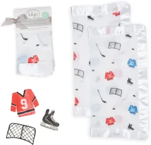 lulujo Baby Security Lovey Blankets| Unisex Softest Breathable Cotton Muslin Security Blanket with Silky Satin Trim| Neutral Comforting Blanket for Girls & Boys | 16in by 16 in| Hockey