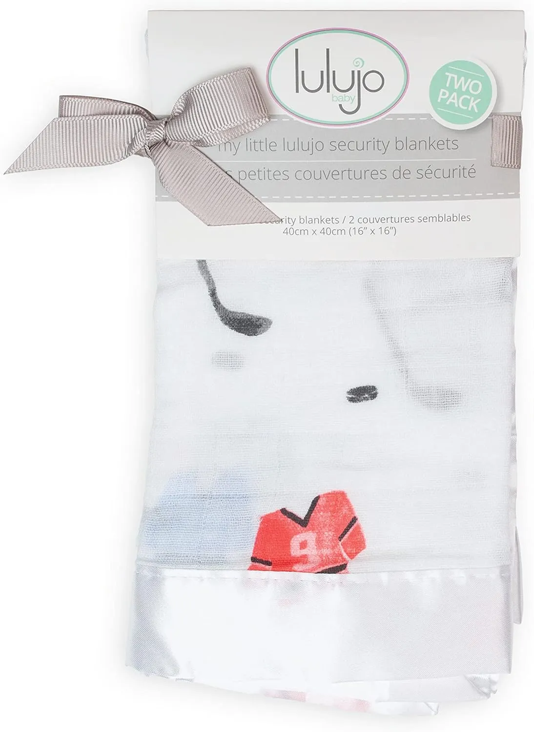 lulujo Baby Security Lovey Blankets| Unisex Softest Breathable Cotton Muslin Security Blanket with Silky Satin Trim| Neutral Comforting Blanket for Girls & Boys | 16in by 16 in| Hockey