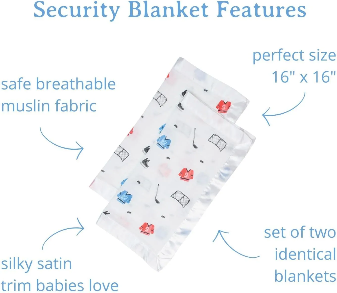lulujo Baby Security Lovey Blankets| Unisex Softest Breathable Cotton Muslin Security Blanket with Silky Satin Trim| Neutral Comforting Blanket for Girls & Boys | 16in by 16 in| Hockey