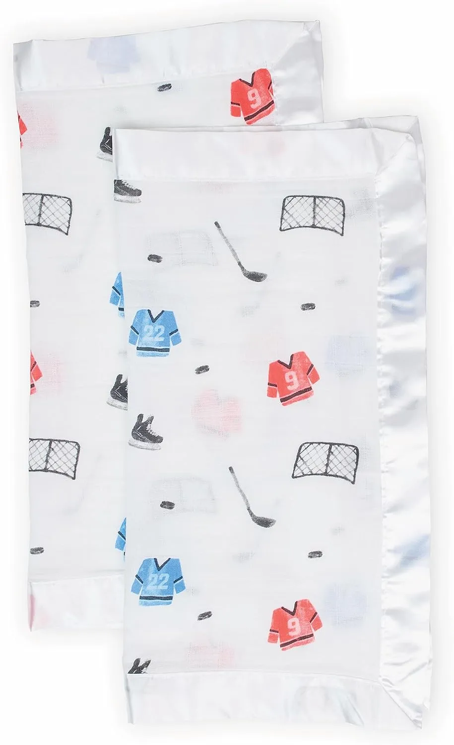 lulujo Baby Security Lovey Blankets| Unisex Softest Breathable Cotton Muslin Security Blanket with Silky Satin Trim| Neutral Comforting Blanket for Girls & Boys | 16in by 16 in| Hockey