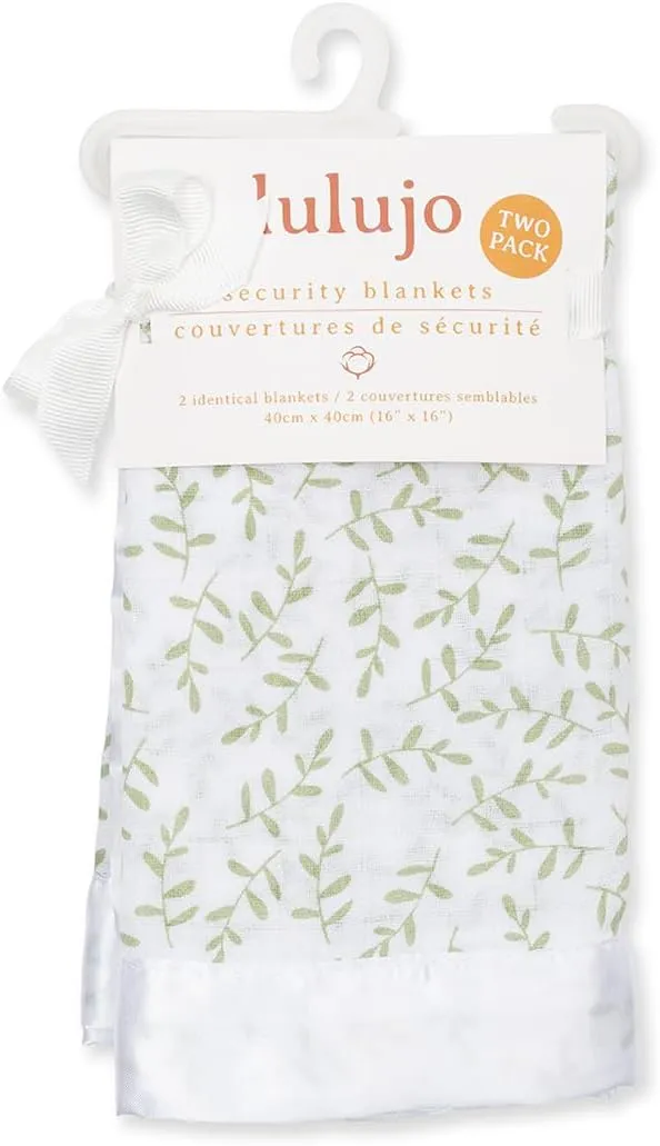 lulujo Security Lovey Blankets| Unisex Softest Breathable Cotton Muslin Security Blanket Set with Silky Satin Trim| Neutral Comforting Blanket for Girls & Boys | 16in x 16 in| Greenery