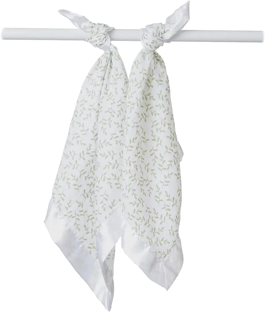 lulujo Security Lovey Blankets| Unisex Softest Breathable Cotton Muslin Security Blanket Set with Silky Satin Trim| Neutral Comforting Blanket for Girls & Boys | 16in x 16 in| Greenery