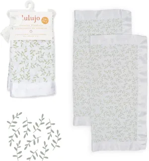 lulujo Security Lovey Blankets| Unisex Softest Breathable Cotton Muslin Security Blanket Set with Silky Satin Trim| Neutral Comforting Blanket for Girls & Boys | 16in x 16 in| Greenery