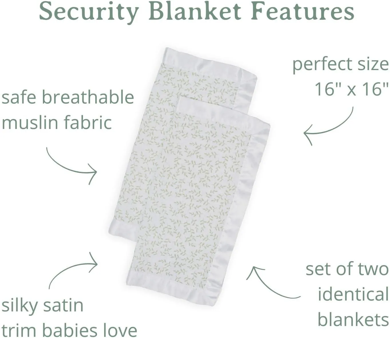 lulujo Security Lovey Blankets| Unisex Softest Breathable Cotton Muslin Security Blanket Set with Silky Satin Trim| Neutral Comforting Blanket for Girls & Boys | 16in x 16 in| Greenery