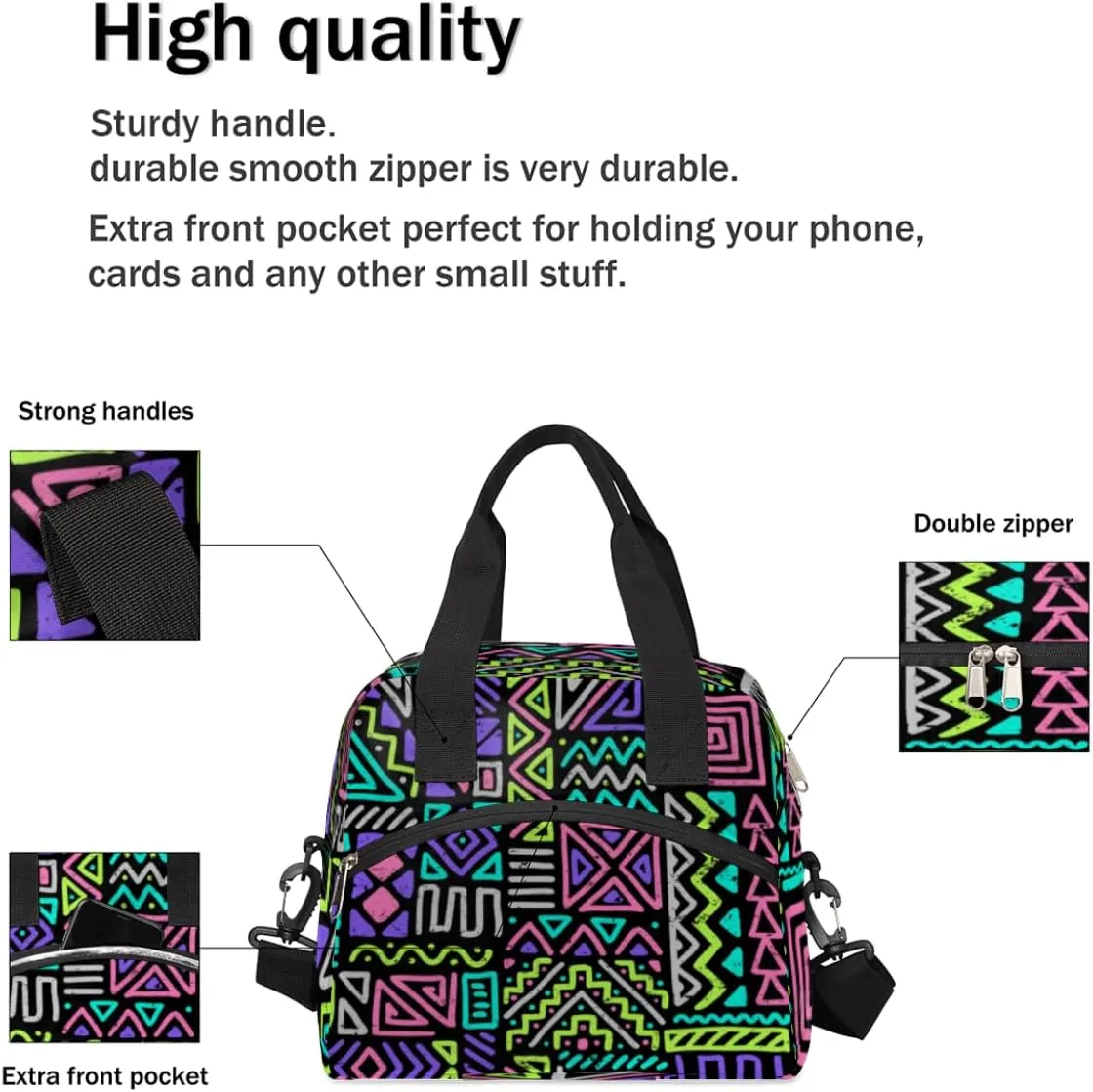 Lunch Bag for Women Men Gypsy Plaid Reusable Durable Insulated Lunch Box for Work Office Picnic Beach Hiking Lunch Tote Bag with Adjustable Shoulder Strap