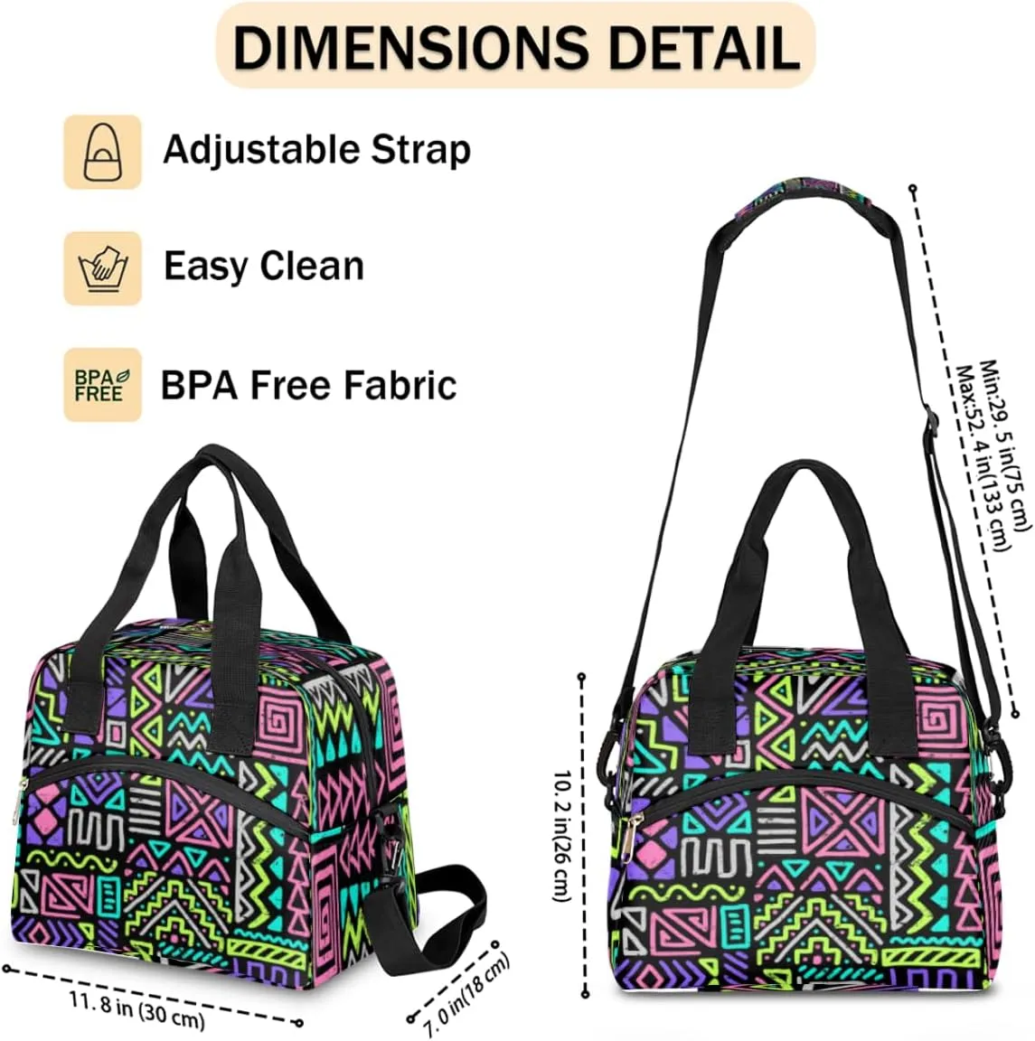 Lunch Bag for Women Men Gypsy Plaid Reusable Durable Insulated Lunch Box for Work Office Picnic Beach Hiking Lunch Tote Bag with Adjustable Shoulder Strap