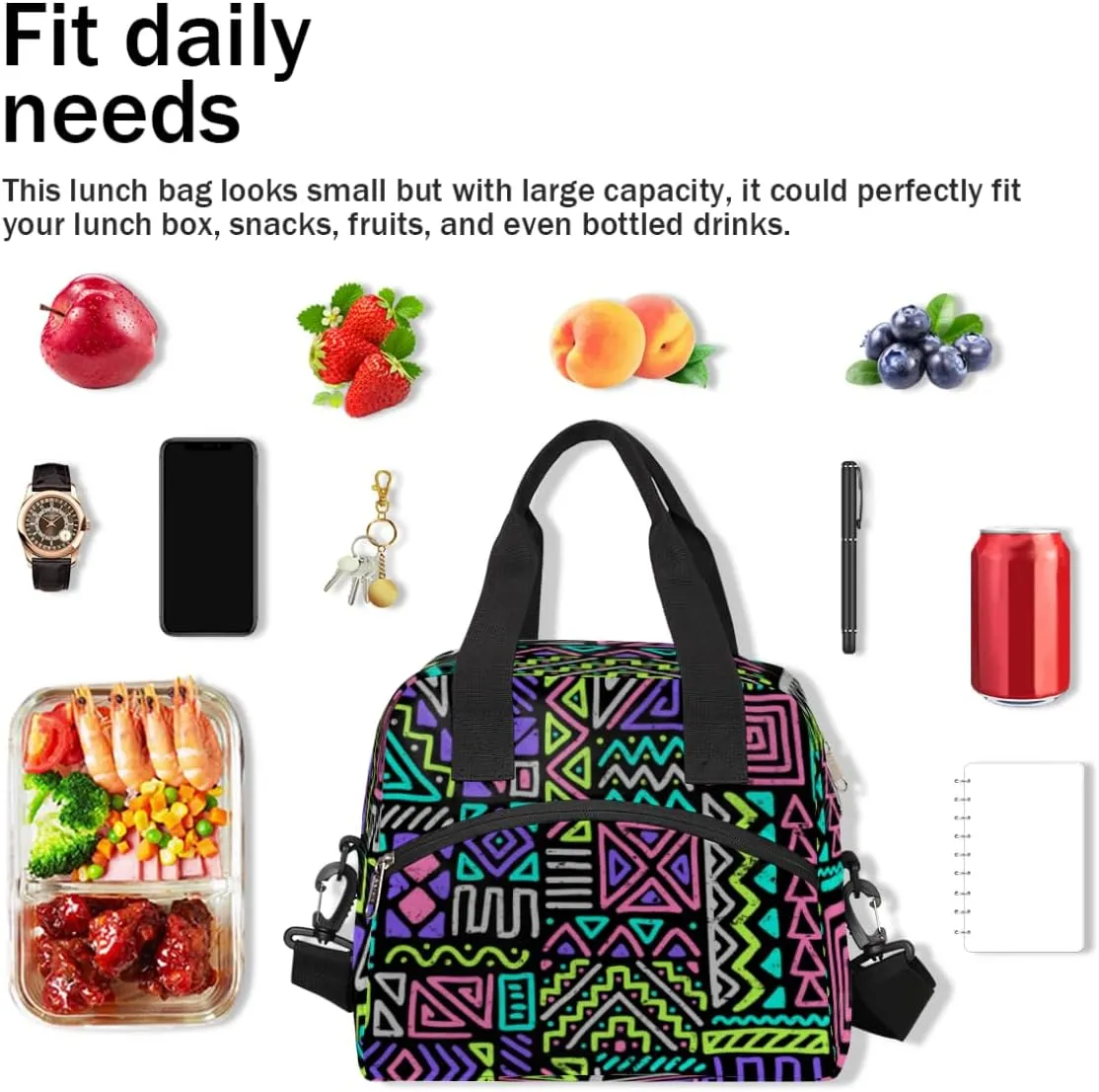 Lunch Bag for Women Men Gypsy Plaid Reusable Durable Insulated Lunch Box for Work Office Picnic Beach Hiking Lunch Tote Bag with Adjustable Shoulder Strap