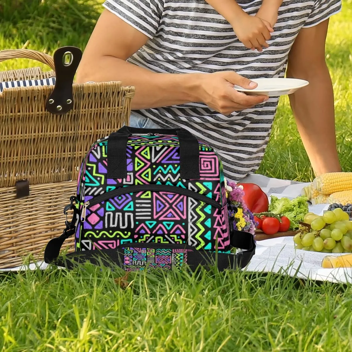 Lunch Bag for Women Men Gypsy Plaid Reusable Durable Insulated Lunch Box for Work Office Picnic Beach Hiking Lunch Tote Bag with Adjustable Shoulder Strap