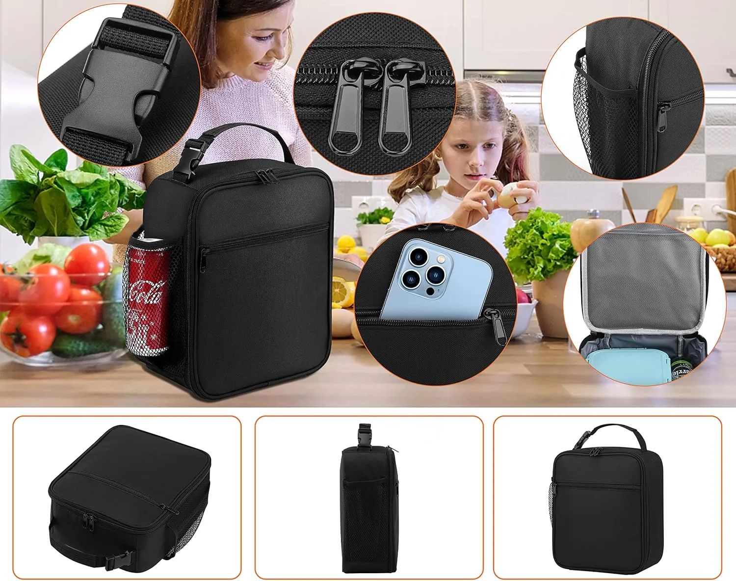 Lunch Box for Men - Reusable Lunch Bag Men Adult Women- Insulated Small LunchBox (Black