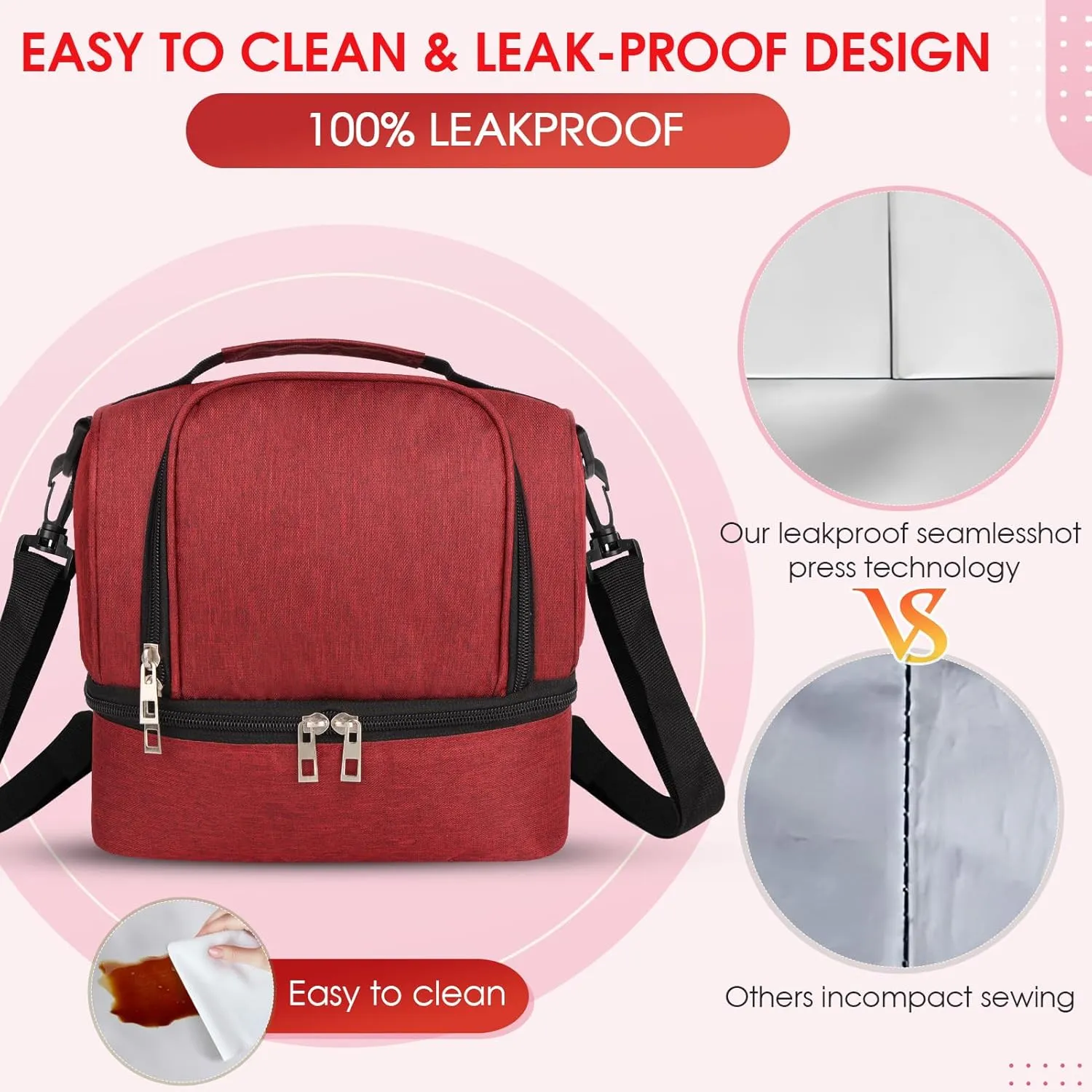 Lunch Box Lunch Bag for Women Men Reusable Insulated Lunch Bag Women Lunch Cooler Tote Bags with Adjustable Shoulder Strap for Office Work Picnic Travel, Wine Red