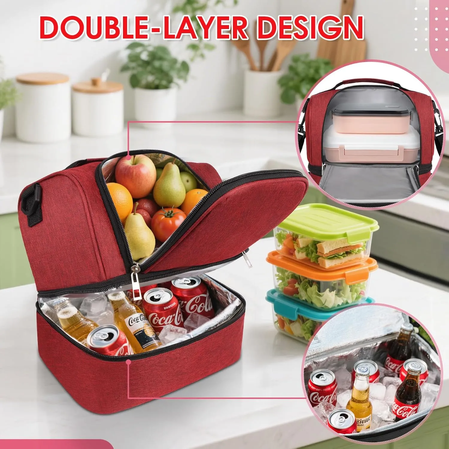 Lunch Box Lunch Bag for Women Men Reusable Insulated Lunch Bag Women Lunch Cooler Tote Bags with Adjustable Shoulder Strap for Office Work Picnic Travel, Wine Red