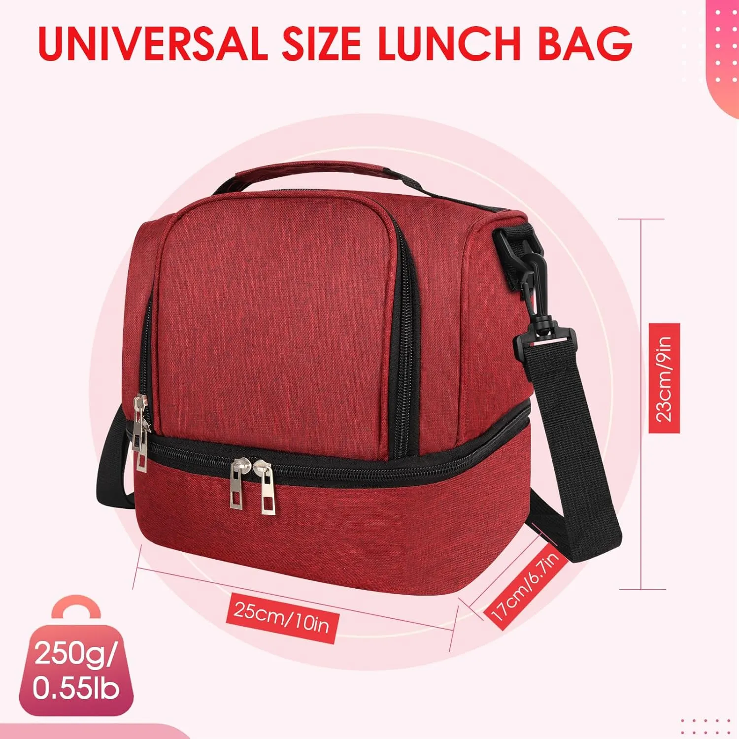 Lunch Box Lunch Bag for Women Men Reusable Insulated Lunch Bag Women Lunch Cooler Tote Bags with Adjustable Shoulder Strap for Office Work Picnic Travel, Wine Red