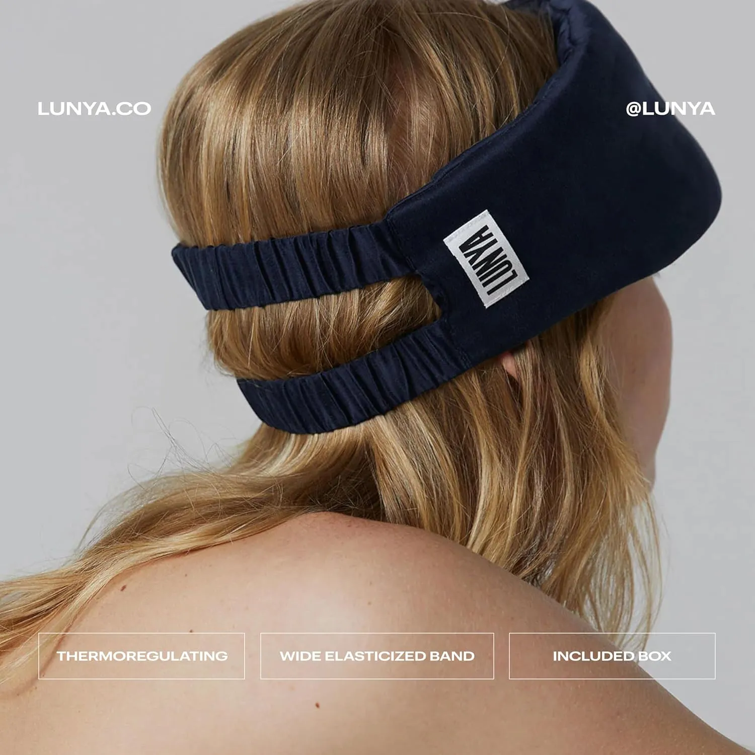 Lunya Weighted Silk Sleeping Mask with Pouch and Box – Washable Eye Cover – Gentle Pressure for Relaxation – Deep Blue – Large