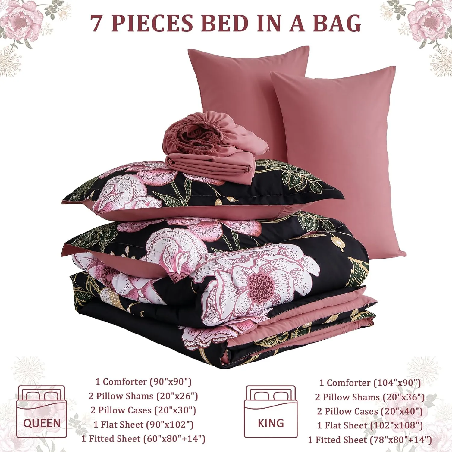 Luxudecor Floral Queen Comforter Set 7 Pieces Bed in a Bag, Pink Flower Print on Black Bedding Set, Soft Reversible Comforter with Sheet Set 90"x90"