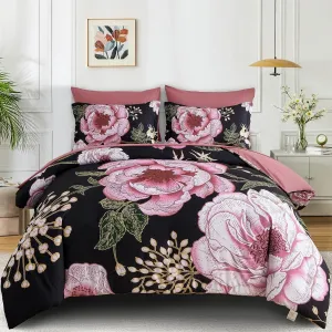 Luxudecor Floral Queen Comforter Set 7 Pieces Bed in a Bag, Pink Flower Print on Black Bedding Set, Soft Reversible Comforter with Sheet Set 90"x90"