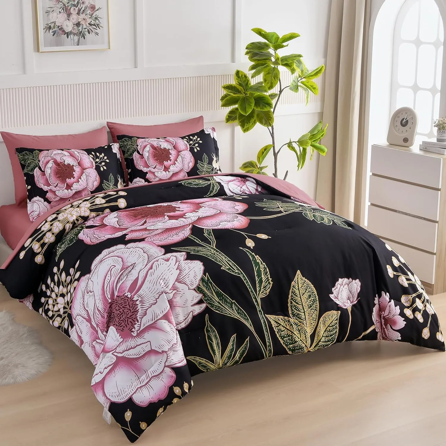 Luxudecor Floral Queen Comforter Set 7 Pieces Bed in a Bag, Pink Flower Print on Black Bedding Set, Soft Reversible Comforter with Sheet Set 90"x90"