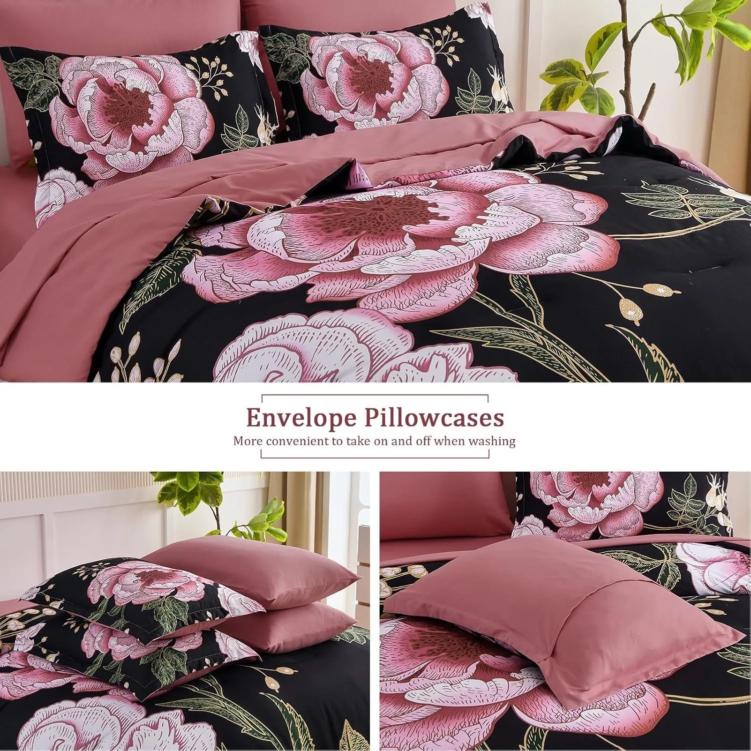 Luxudecor Floral Queen Comforter Set 7 Pieces Bed in a Bag, Pink Flower Print on Black Bedding Set, Soft Reversible Comforter with Sheet Set 90"x90"