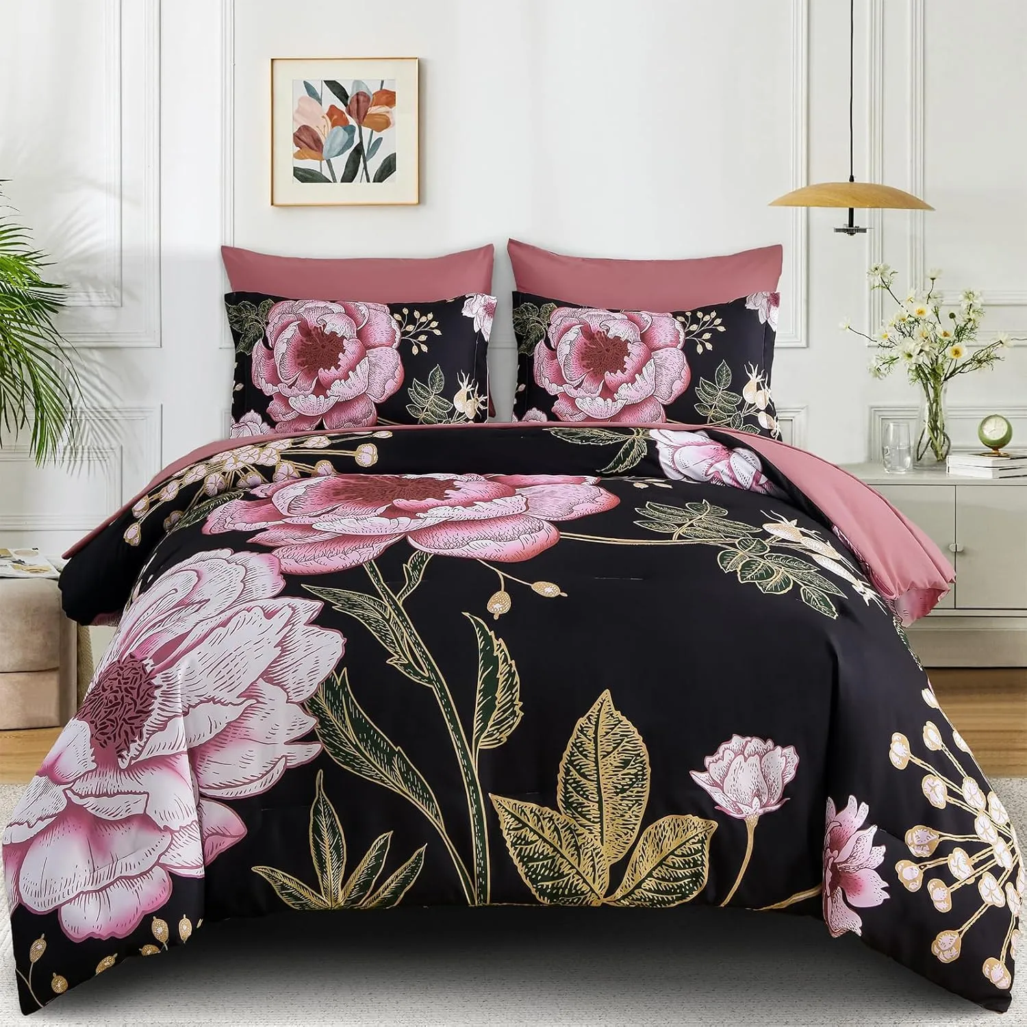 Luxudecor Floral Queen Comforter Set 7 Pieces Bed in a Bag, Pink Flower Print on Black Bedding Set, Soft Reversible Comforter with Sheet Set 90"x90"