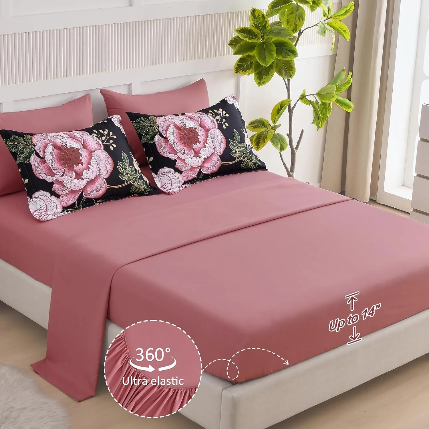 Luxudecor Floral Queen Comforter Set 7 Pieces Bed in a Bag, Pink Flower Print on Black Bedding Set, Soft Reversible Comforter with Sheet Set 90"x90"